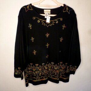 NEW Coldwater Creek black 3/4 sleeve embroidered cotton tee top 1X